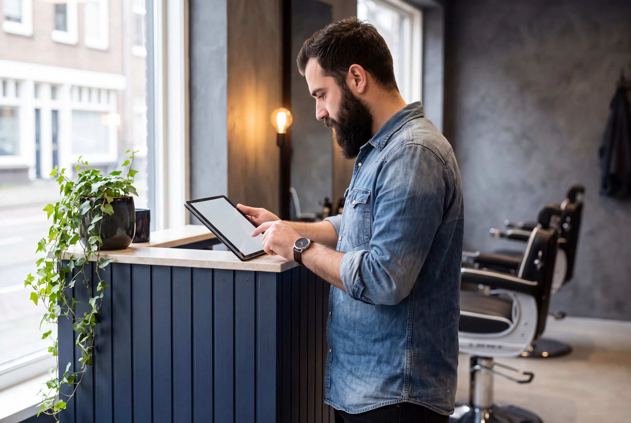 Barber kijkt op een tablet naar de agenda