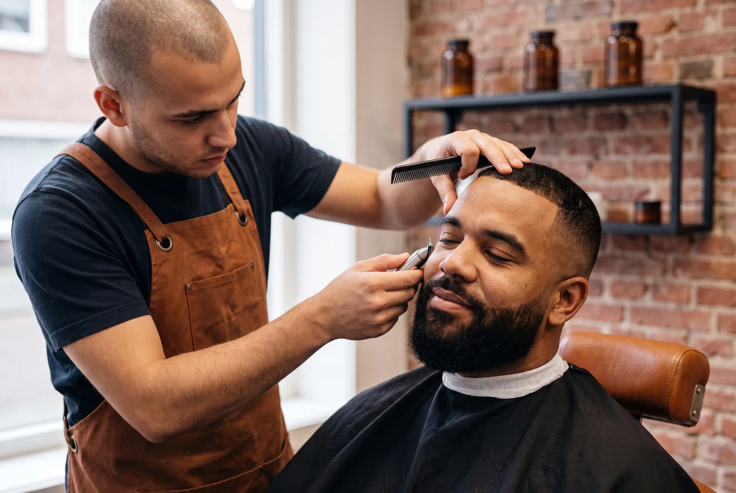 Barber lijnt met een trimmer de baard van een klant bij in een barbershop