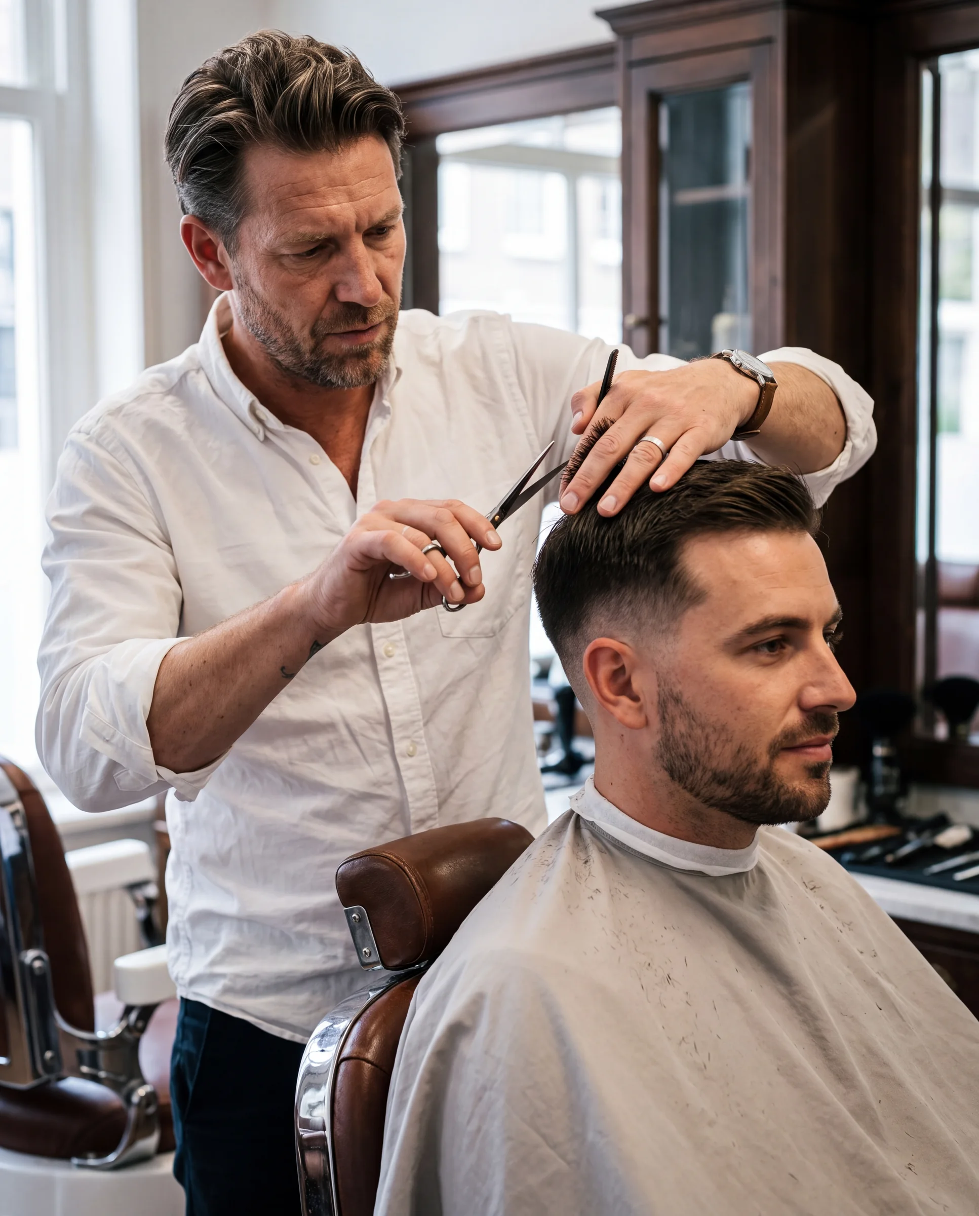 Barber knipt met een schaar het haar van een klant in een barbershop