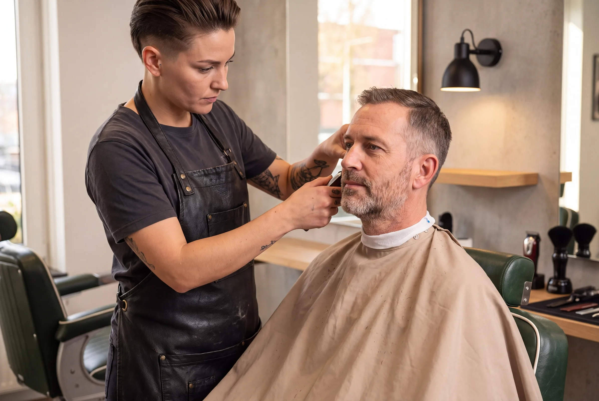Barber trimt de bakkebaarden van een klant