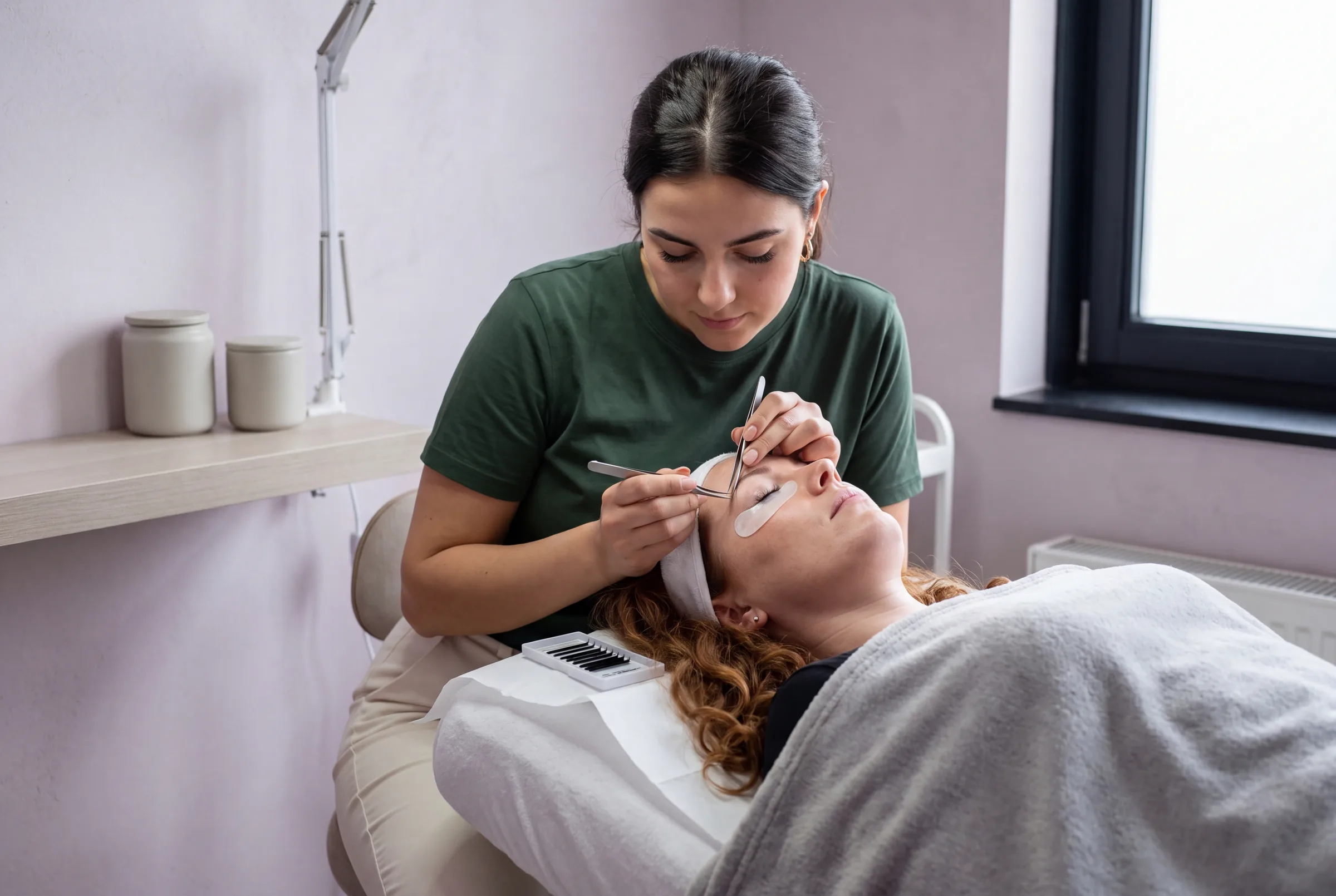 Wimperstylist past de lamp aan naast een klant op de behandelbank