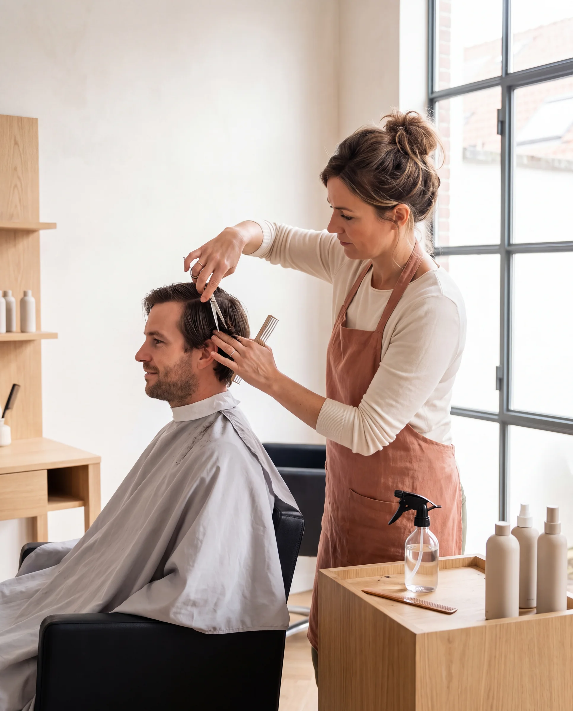 Kapster knipt het haar van een klant in een lichte, moderne kapsalon