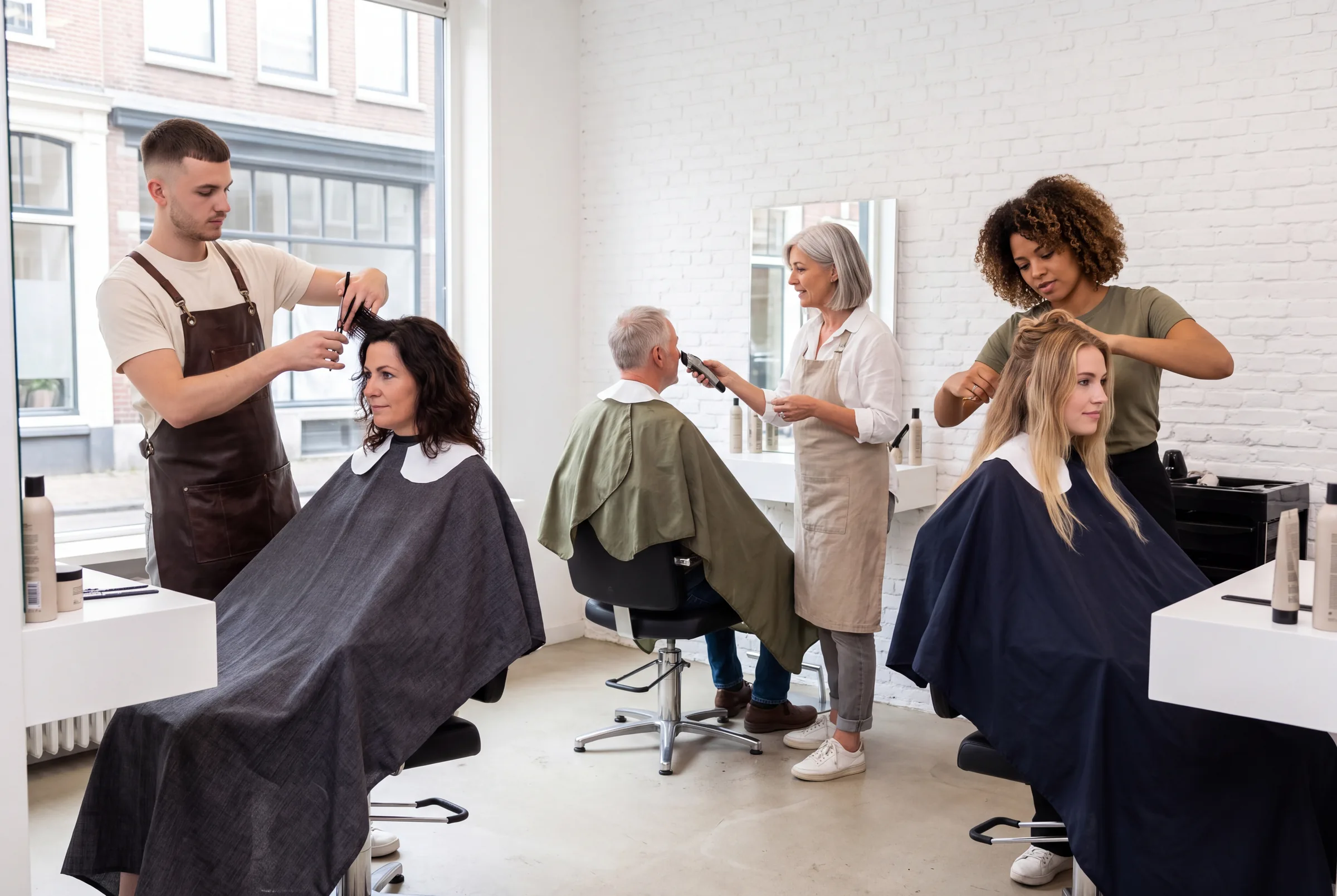 Drie kappers aan het werk in een kapsalon