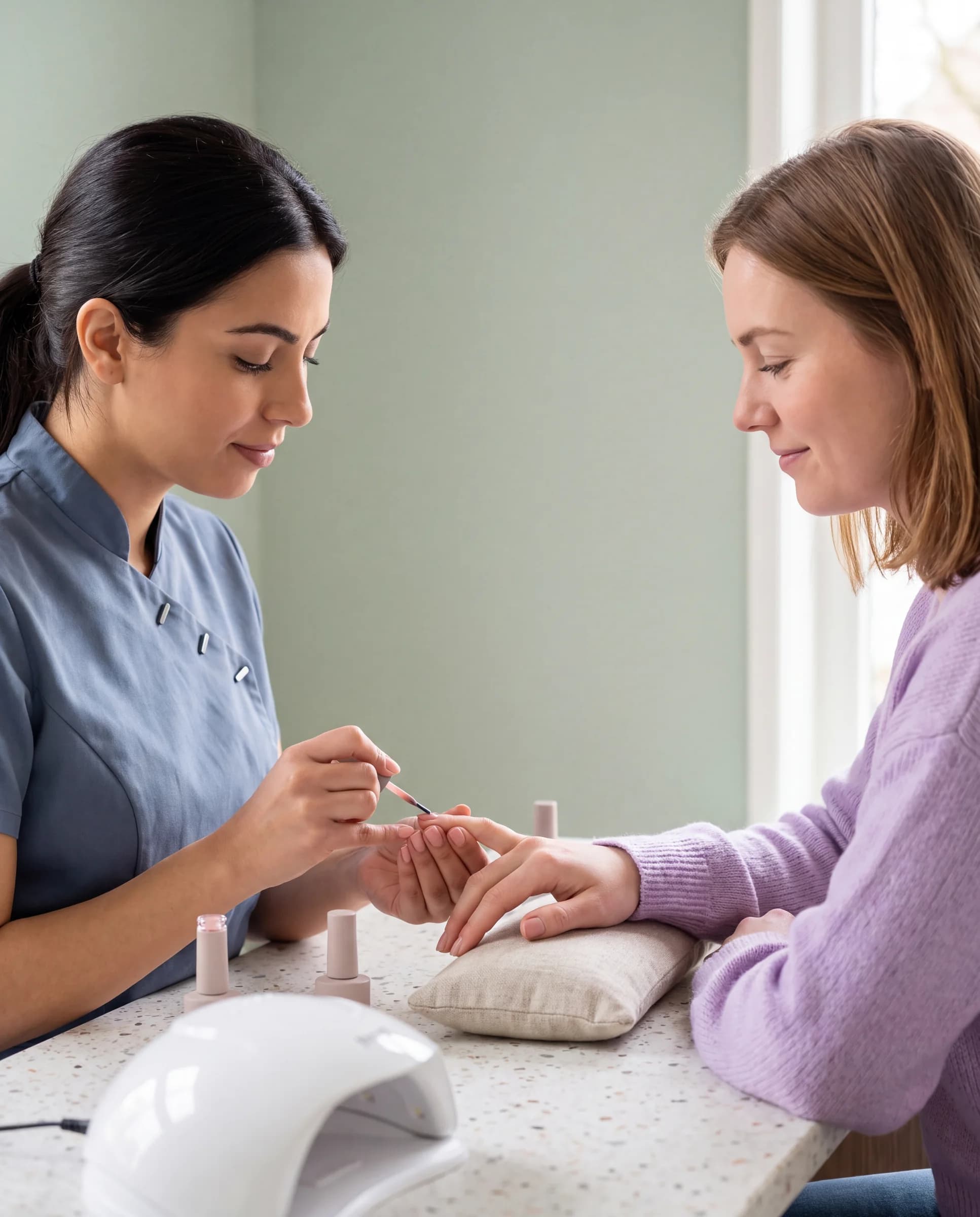 Nagelstyliste voert een professionele manicure uit bij een klant in haar nagelstudio.