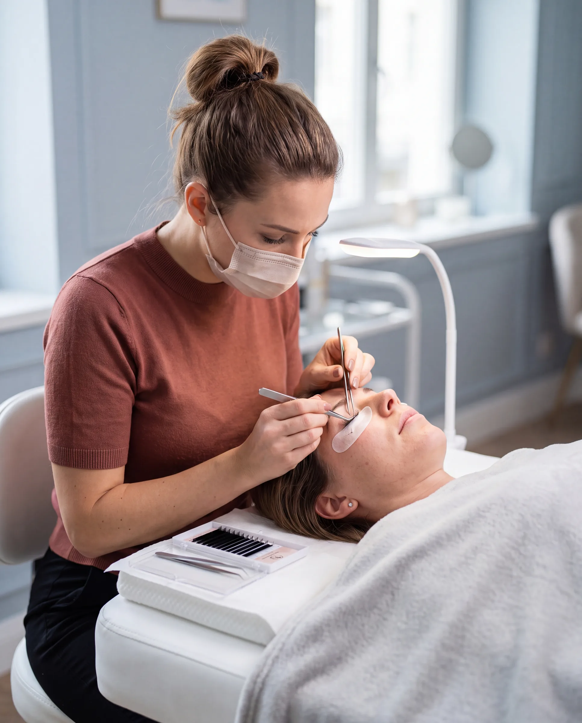 Wimperstylist zet wimperextensions met een pincet